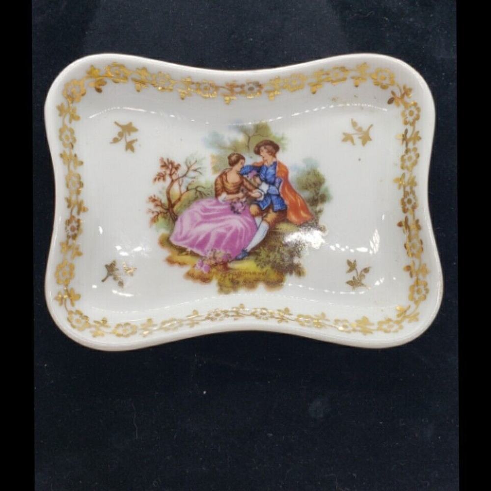 Vintage Limoges Pin Tray Vanity Jewelry Dish Courting Couple Real Gold Trim